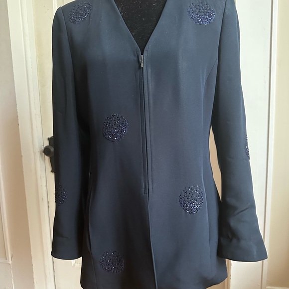 Akris Navy Silk Jacket with Hand Beaded Crystals Size 10 - Picture 2 of 16